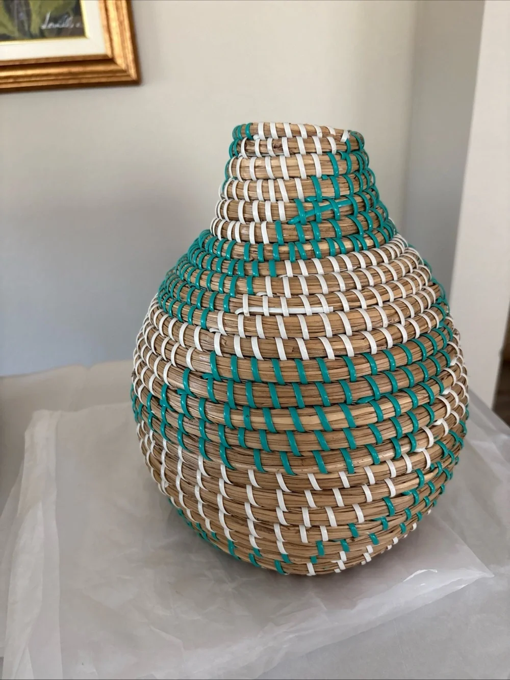 Handwoven Natural, Teal & White Decorative Basket Vase